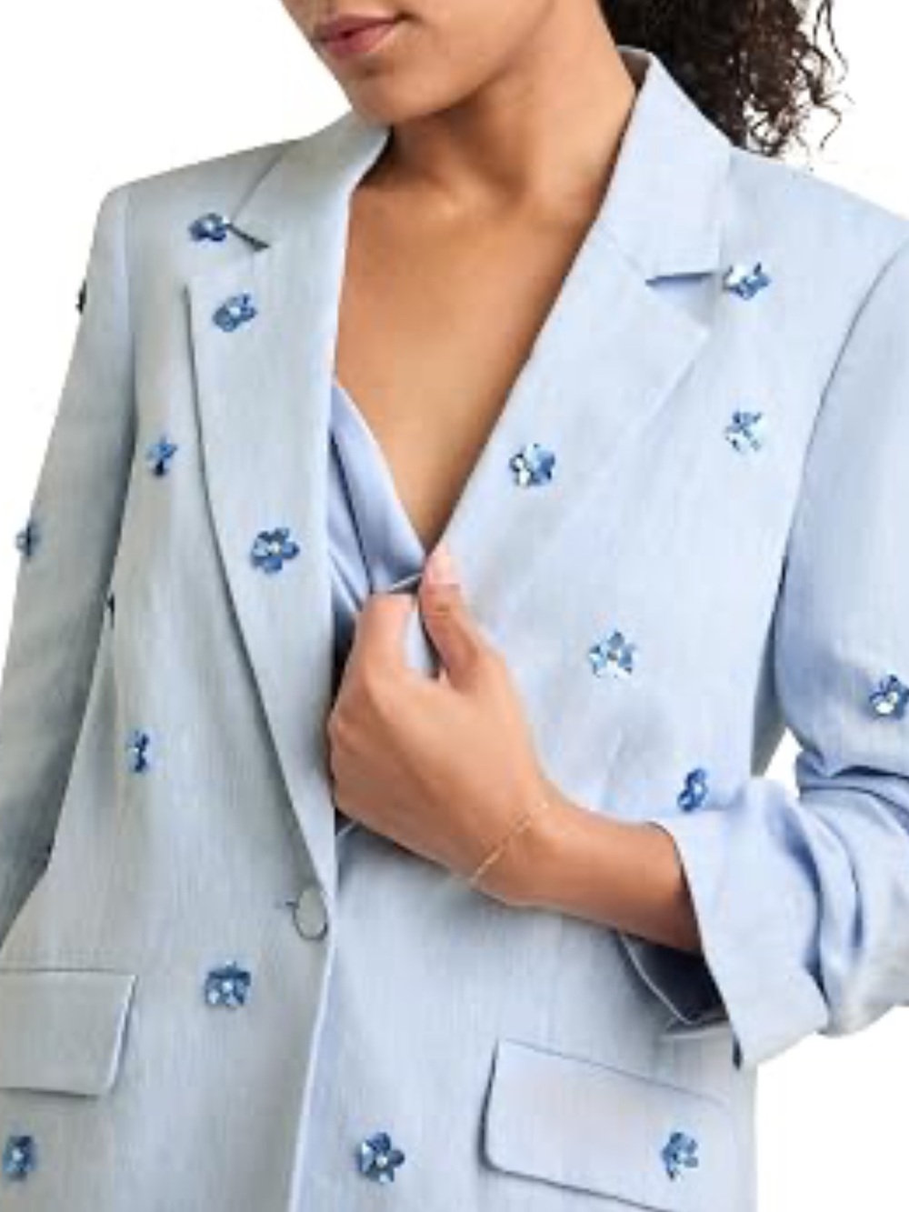cinq a sept Light Blue Linen-Blend Blazer with flower embellishments - Picture 15 of 16